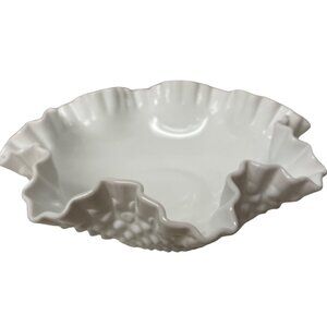 Vintage Fenton Hobnail White Milk Glass Bowl Ruffled Edges Large Bowl Fenton Gla
